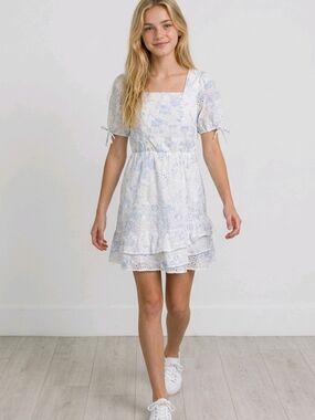 NWT Speechless Kids Light Blue Floral Eyelet Square-Neck Dress Sz 16